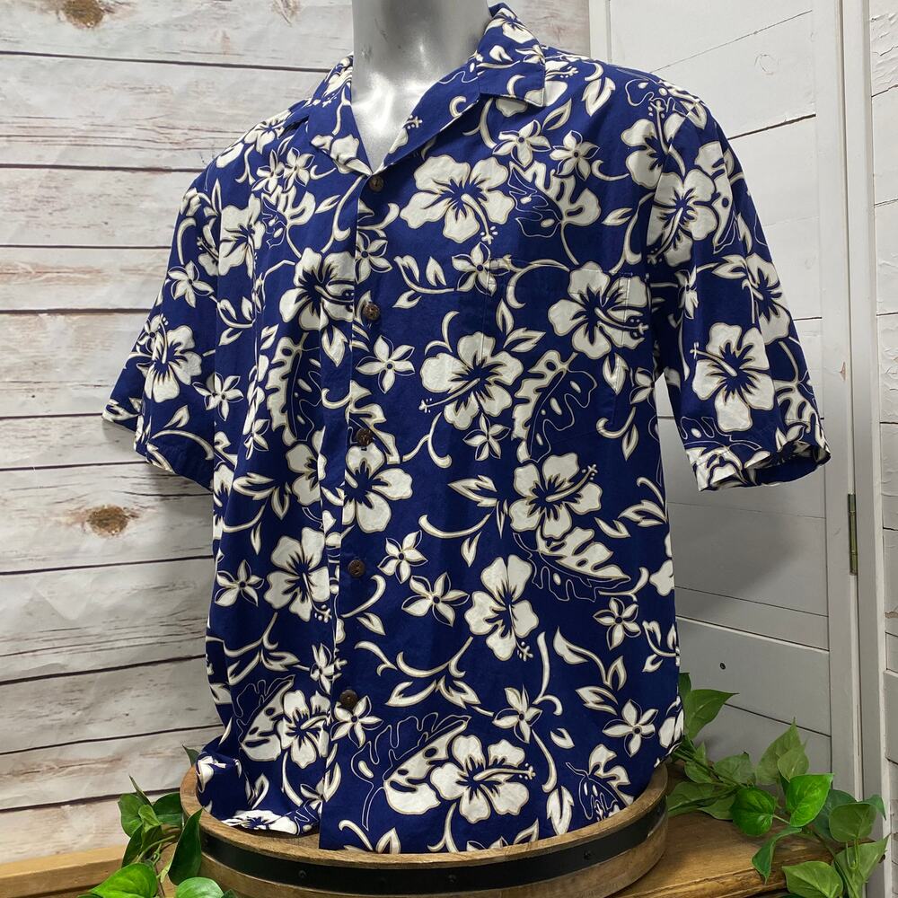 Hilo Hattie Hawaiian Original Camp Shirt 2XL Coconut Button Pocket Blue Hibiscus